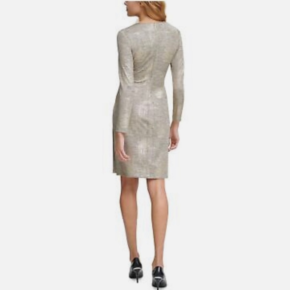NWOT Calvin Klein Metallic Long Sleeve Faux Wrap Sheath Dress - Size 4, Gold - Picture 8 of 9